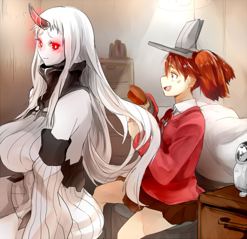 2girls abyssal_ship bangs blush breasts brown_eyes brown_hair brown_skirt brush brushing_another's_hair closed_mouth colored_skin commentary_request detached_sleeves dress fang flying_sweatdrops glowing glowing_eyes gomio_(bb-k) hair_brushing hat holding horns indoors japanese_clothes kantai_collection kariginu large_breasts long_hair long_sleeves multiple_girls open_mouth pale_skin pleated_skirt red_eyes ribbed_dress ryuujou_(kancolle) seaport_princess sidelocks single_horn sitting skirt sleeveless sleeveless_dress twintails very_long_hair visor_cap white_dress white_hair white_skin