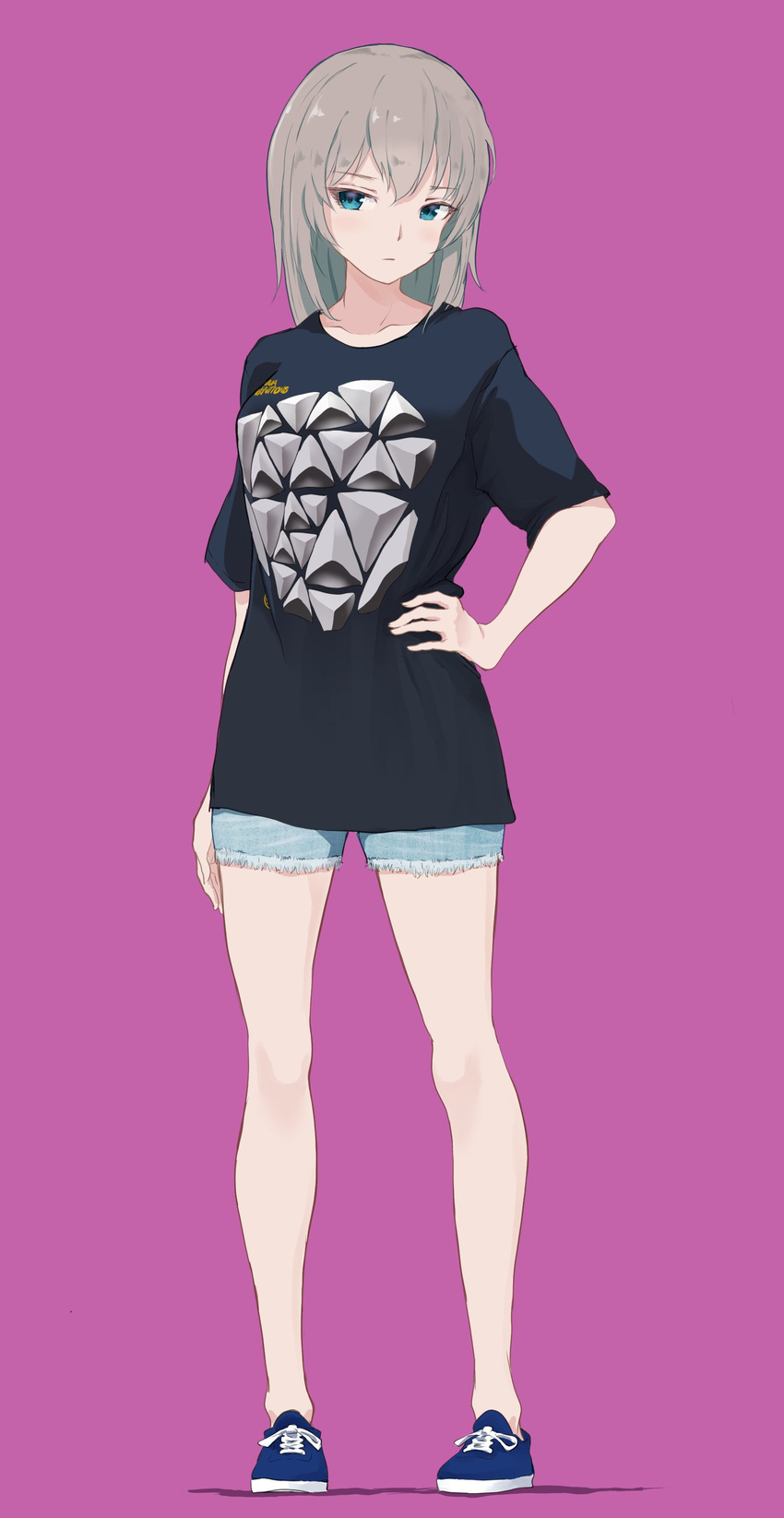 absurdres bangs black_shirt blue_eyes blue_footwear blue_shorts casual closed_mouth commentary cross-laced_footwear cutoffs denim denim_shorts eyebrows_visible_through_hair full_body girls_und_panzer hand_on_hip hasisisissy highres itsumi_erika long_hair looking_at_viewer no_socks print_shirt purple_background shirt shoes short_shorts short_sleeves shorts silver_hair simple_background sneakers solo standing t-shirt