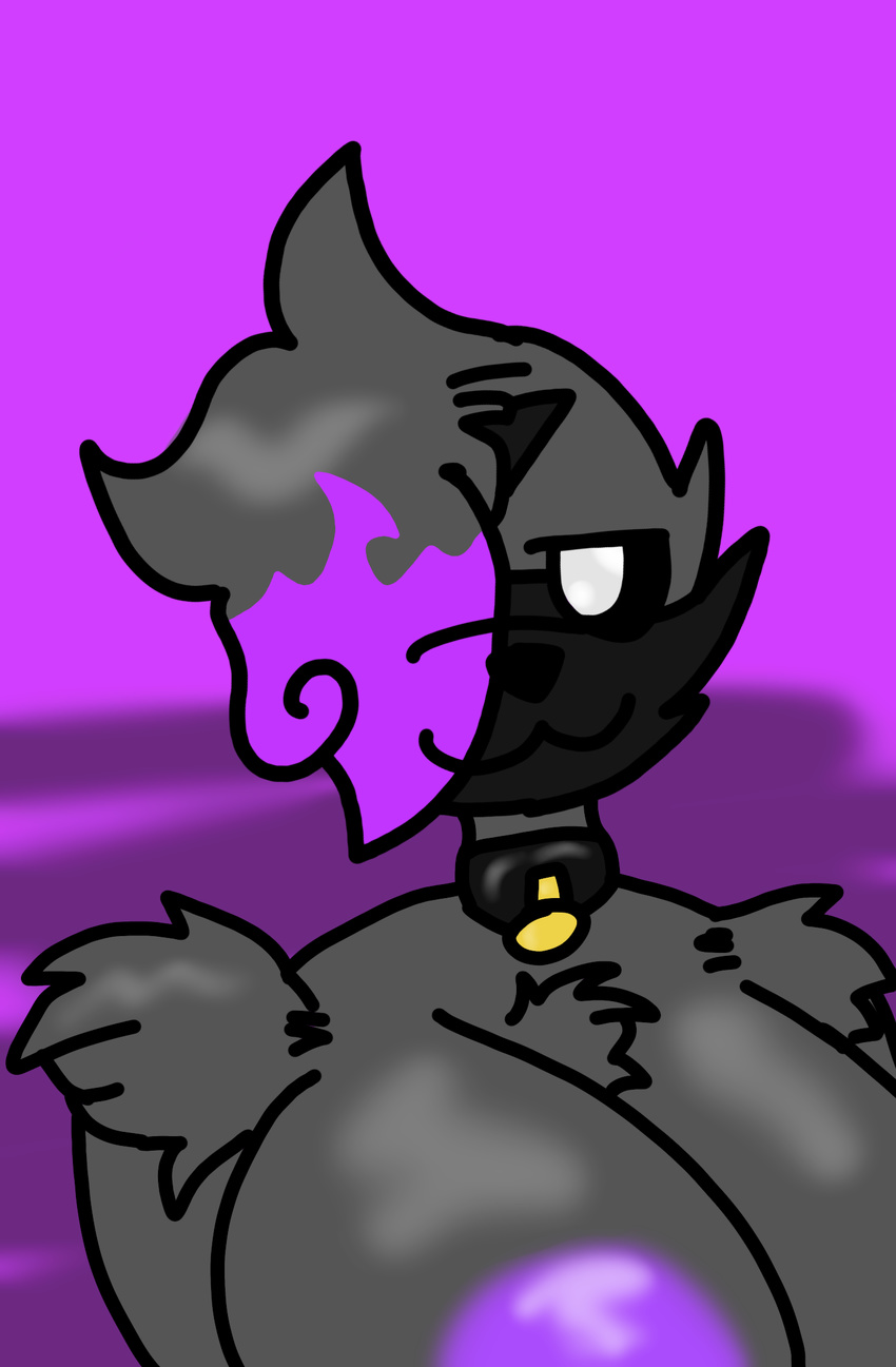 big_breasts black_fur breasts collar enderpup exposed_nipple fur fuzzy_sholders grey_fur highlights huge_breasts inverse_eyes linkette_puppo looking_at_user no_watermark purple_highlights simplistic_art_style simplistic_background smug_look thatdoggolinkie thick_outlines