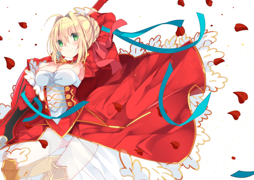 blonde_hair blush breasts cleavage dress fate/grand_order fate_(series) green_eyes highres large_breasts looking_at_viewer nero_claudius_(fate) nero_claudius_(fate)_(all) petals red_dress satsuki_mayuri see-through simple_background smile solo