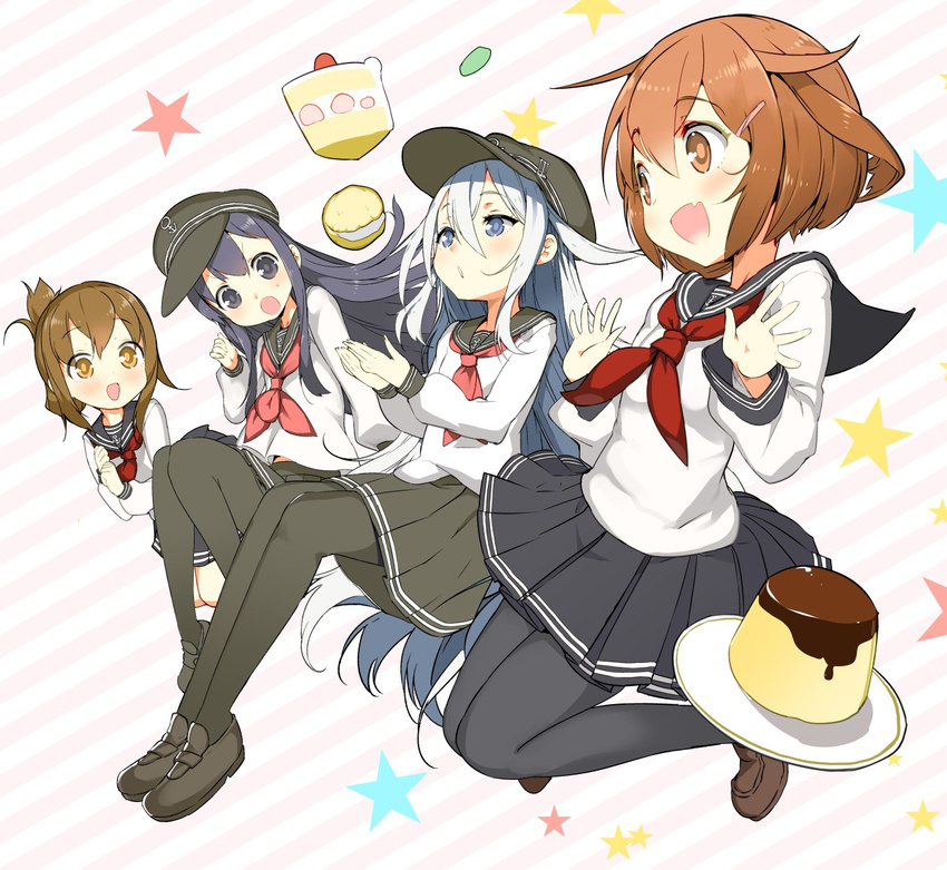 :d akatsuki_(kantai_collection) black_eyes black_hair black_legwear brown_eyes brown_hair cake commentary_request folded_ponytail food hair_ornament hairclip hat hibiki_(kantai_collection) highres ikazuchi_(kantai_collection) inazuma_(kantai_collection) kantai_collection long_hair macaron multiple_girls naitou_ryuu open_mouth pantyhose pleated_skirt pudding school_uniform serafuku shoes short_hair silver_eyes silver_hair skirt smile strawberry_shortcake