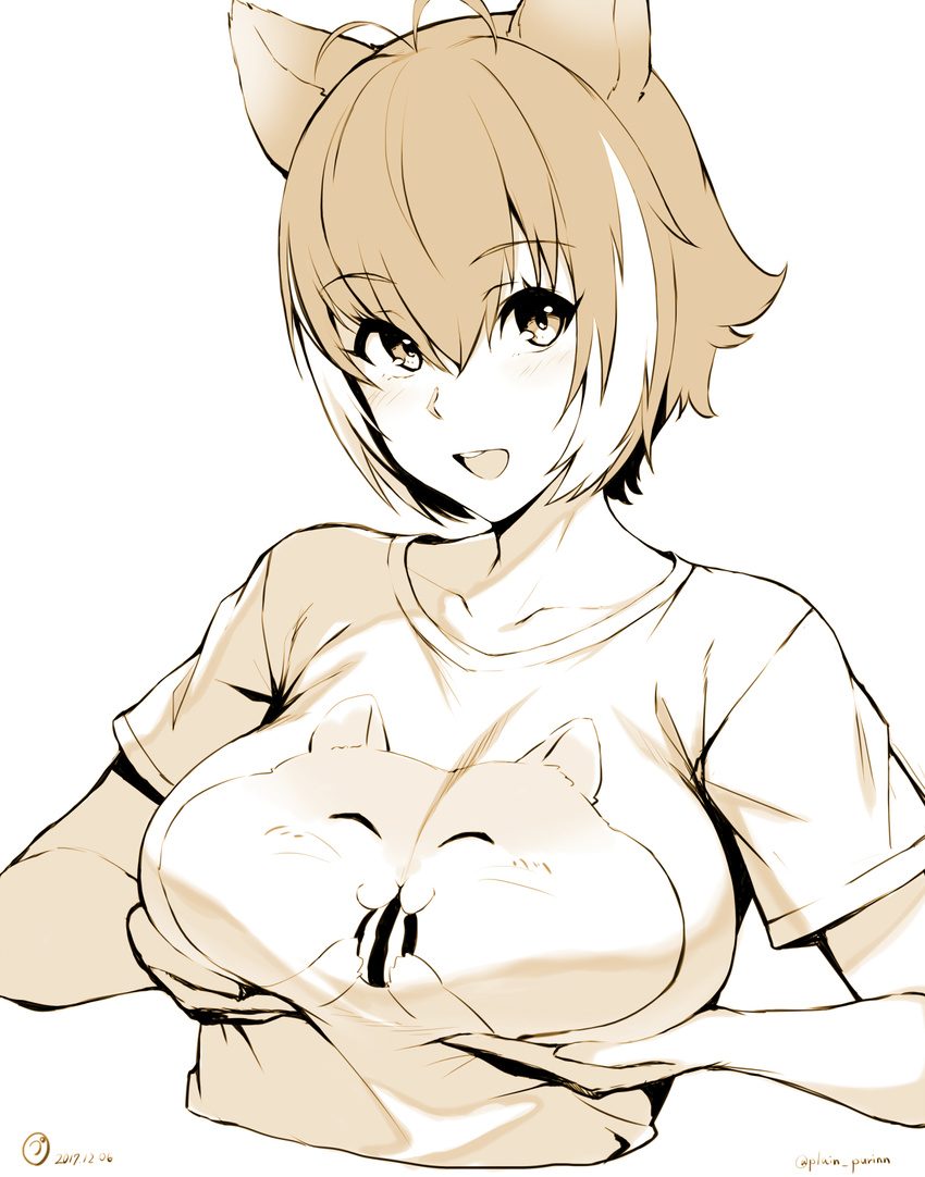 animal_ears antenna_hair blazblue blush breast_lift breasts dated eyebrows_visible_through_hair hamster highres large_breasts looking_at_viewer makoto_nanaya monochrome multicolored_hair purinnssu shirt short_hair short_sleeves smile solo squirrel_ears squirrel_girl t-shirt twitter_username upper_body