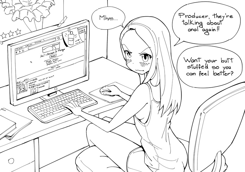 1girl 4chan blush butt_plug chair computer desk from_above idolmaster imageboard long_hair looking_at_viewer looking_back minase_iori monitor monochrome shorts sideboob sitting text