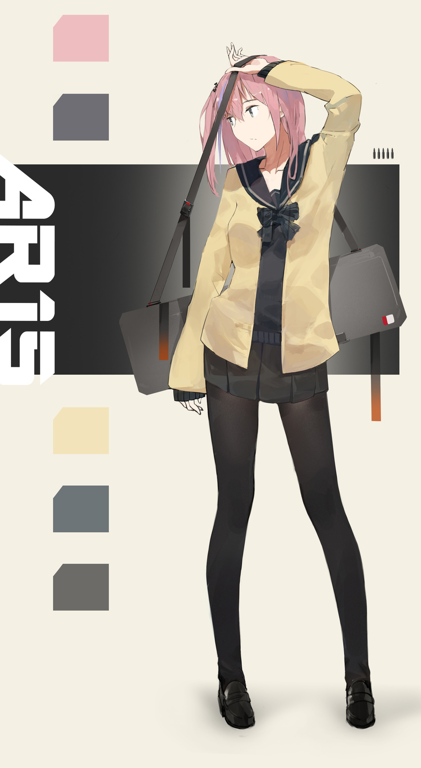 absurdres alternate_costume ar-15 bag black_bow black_footwear black_legwear black_shirt black_skirt blue_eyes bow breasts bullet cardigan case character_name closed_mouth collarbone commentary expressionless girls_frontline gun hair_ribbon hand_on_head highres holding holding_bag koog long_hair long_sleeves looking_away medium_breasts multicolored_hair one_side_up pantyhose pink_hair pleated_skirt ribbon rifle school_uniform shirt shoes sidelocks simple_background skirt solo st_ar-15_(girls_frontline) strap streaked_hair thighhighs uniform weapon weapon_bag