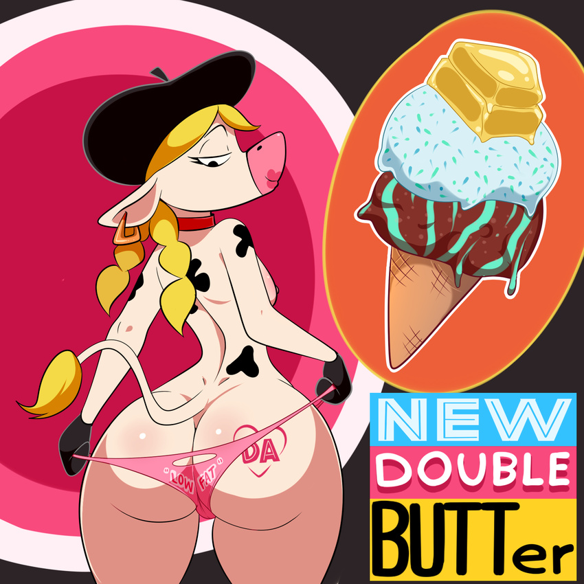 anthro beret big_butt blonde_hair bovine braided_hair breasts butt butter camel_toe cattle clothed clothing dairy_air dessert ear_piercing english_text female food hair hat ice_cream lipstick lonbluewolf looking_back makeup mammal mascot nipples panties piercing rear_view tattoo text topless underwear