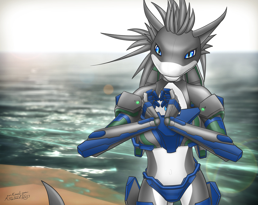 1girl android artist_request blue_eyes furry grey_hair ocean robot shark solo