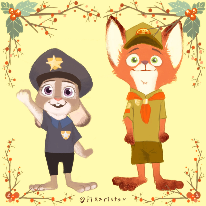 3_toes absurd_res anthro badge canine clothed clothing costume dipstick_ears disney duo eyelashes female fox fur green_eyes hat hi_res judy_hopps lagomorph male mammal nick_wilde open_mouth open_smile pikaristar pink_nose purple_eyes rabbit raised_arm simple_background smile standing toes yellow_background young zootopia