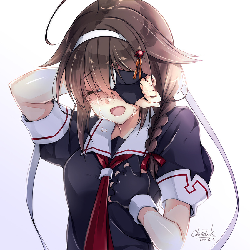 2017 :d ahoge artist_name black_gloves black_hair black_serafuku blush braid breasts commentary_request crying dated eyebrows_visible_through_hair fingerless_gloves gloves hair_between_eyes hair_flaps hair_ornament hair_ribbon hand_on_own_chest happy_tears headband highres kantai_collection kobayashi_chisato long_hair medium_breasts neckerchief open_mouth puffy_short_sleeves puffy_sleeves red_neckwear red_ribbon relief remodel_(kantai_collection) ribbon school_uniform serafuku shigure_(kantai_collection) short_sleeves simple_background single_braid smile solo tears upper_body white_background