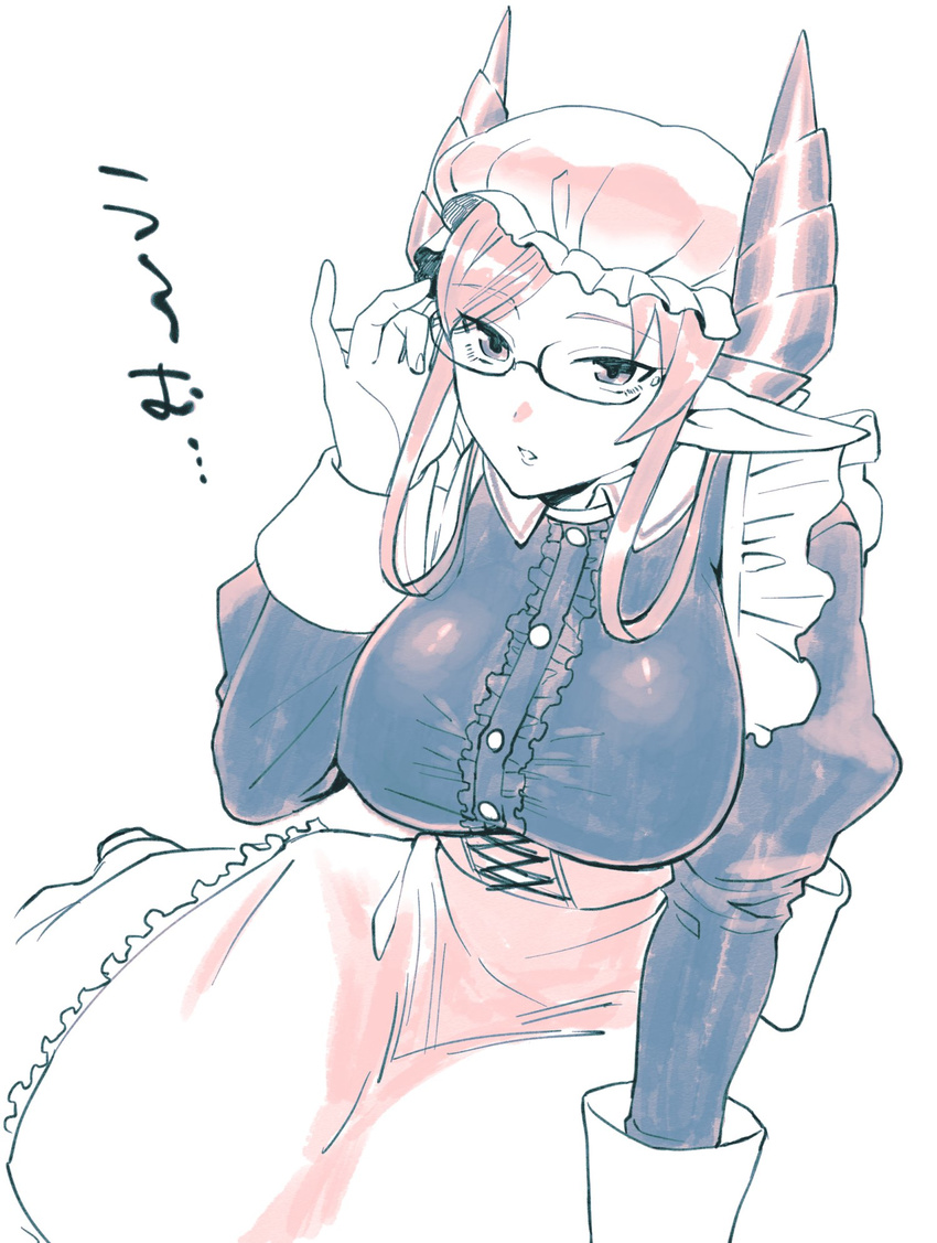 apron breasts buttons collared_dress commentary_request covered_nipples demon_girl demon_horns dress eyebrows eyebrows_visible_through_hair eyelashes ezaki_papiko fingernails frilled_apron frills glasses hat highres horns large_breasts long_sleeves looking_at_viewer maid maid_apron melusine_(tokyo_houkago_summoners) mob_cap palms parted_lips pointy_ears puffy_long_sleeves puffy_sleeves semi-rimless_eyewear short_hair simple_background solo tokyo_houkago_summoners tsurime under-rim_eyewear waist_apron white_background