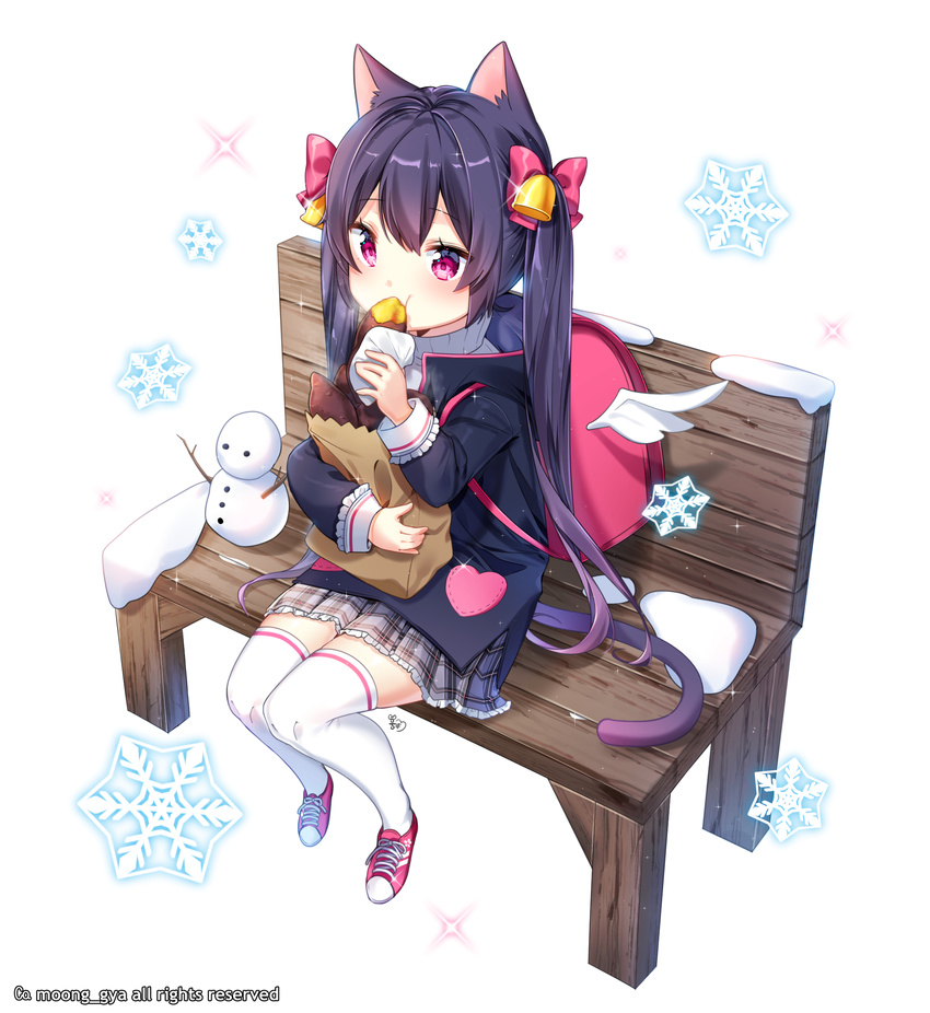 :t animal_ears artist_name backpack bag bangs bell bench black_jacket blush bow cat_ears cat_girl cat_tail commentary_request eating eyebrows_visible_through_hair food grey_skirt hair_bell hair_between_eyes hair_bow hair_ornament highres holding holding_food jacket long_hair long_sleeves looking_away moong_gya original paper_bag pink_bow pink_footwear plaid plaid_skirt pleated_skirt purple_eyes purple_hair shoes sitting skirt sneakers snow snowflakes snowman solo sweater sweet_potato tail thighhighs twintails very_long_hair white_background white_legwear white_sweater white_wings wings yakiimo