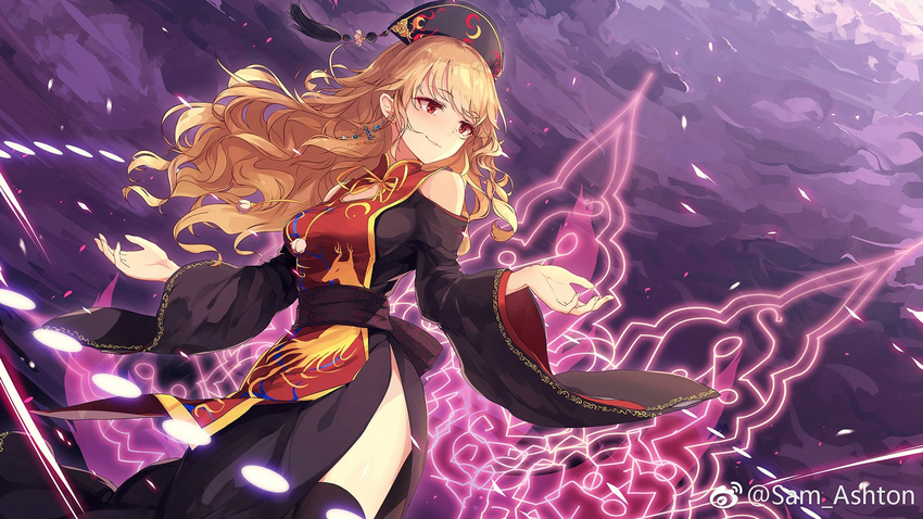 artist_name black_hat black_legwear blonde_hair breasts closed_mouth cloud cloudy_sky danmaku earrings fingernails hat highres jewelry junko_(touhou) long_hair long_sleeves looking_to_the_side medium_breasts outstretched_arms purple_sky red_eyes sam_ashton sash sky smile solo tabard thighhighs touhou watermark wavy_hair weibo_logo weibo_username wide_sleeves