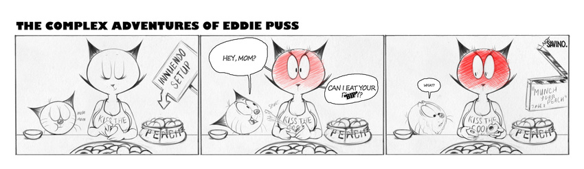 age_difference anthro big_breasts bloopers blush breasts butt cat cleavage clothed clothing comic cub dialogue digital_media_(artwork) duo eddie_puss english_text erect_nipples feline female grose hi_res humor implied_incest incest male male/female mammal mature_female monochrome mother mother_and_son mother_puss nipples open_mouth parent simple_background size_difference son speech_bubble text the_complex_adventures_of_eddie_puss webcomic young