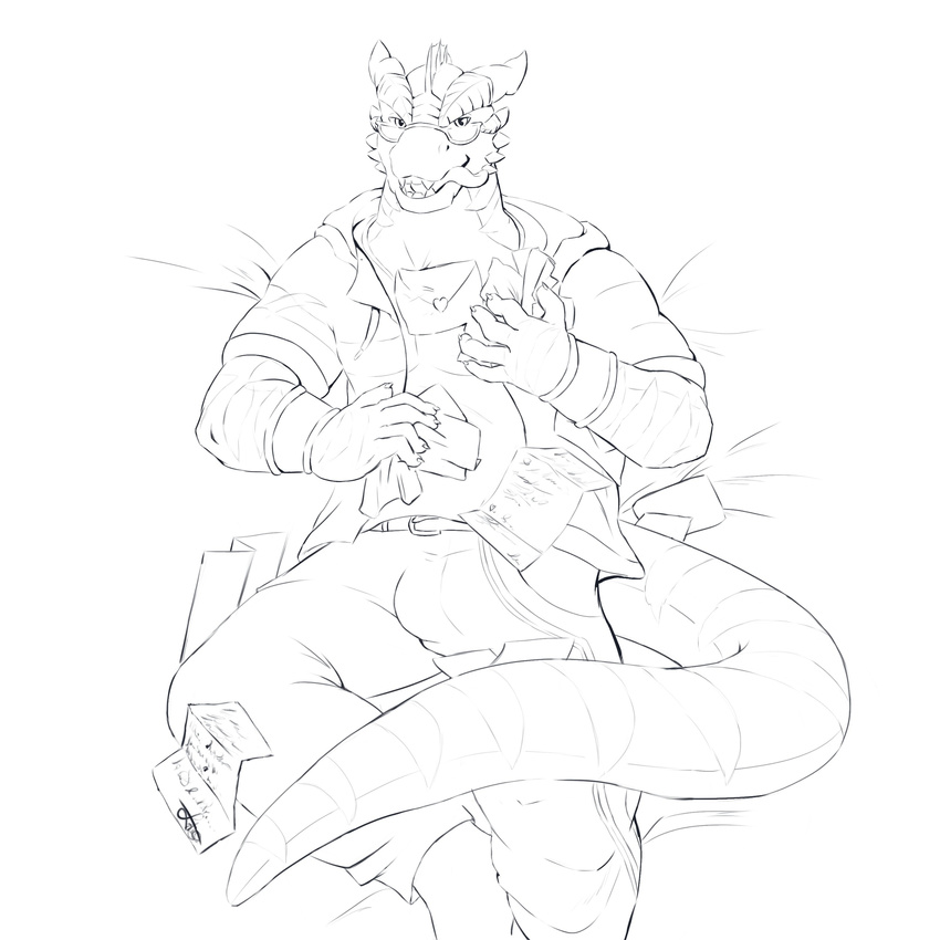 2017 5_fingers bed bulge cheek_spikes clothing dragon eyewear fin glasses head_fin horn invalid_tag long_tail lying male nekojishi on_bed ragoo_laront ridged_horn scalie sir_grawly stripes tongue tongue_out wristband