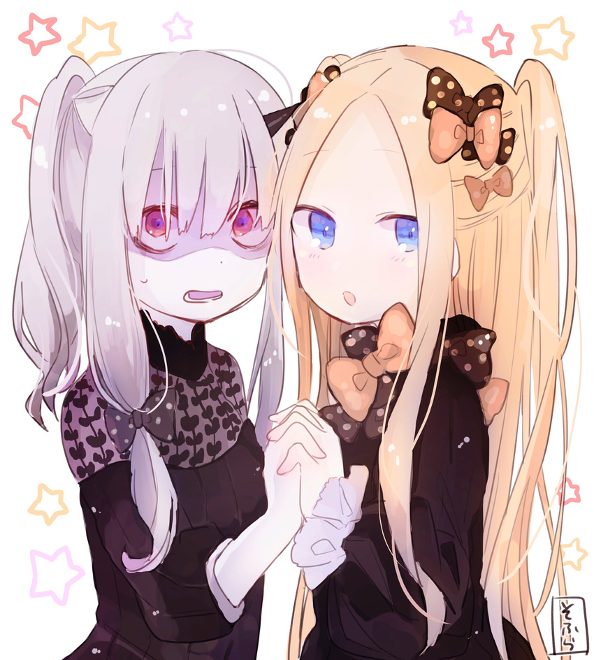 :o abigail_williams_(fate/grand_order) absurdres alternate_hairstyle bags_under_eyes bangs black_bow black_dress blonde_hair blue_eyes blush bow brown_bow dress eyebrows_visible_through_hair fate/grand_order fate_(series) hair_between_eyes hair_bow highres holding_hands interlocked_fingers lavinia_whateley_(fate/grand_order) long_sleeves looking_at_viewer looking_to_the_side multiple_girls orange_bow parted_bangs parted_lips pink_eyes polka_dot polka_dot_bow shaded_face signature silver_hair sofra star starry_background two_side_up white_background