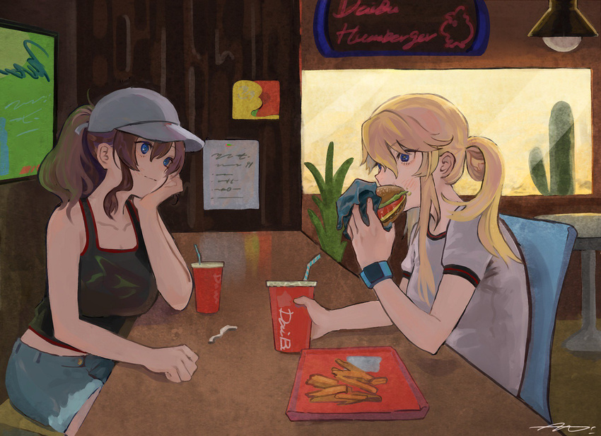 baseball_cap bendy_straw blonde_hair blue_eyes blush breasts brown_hair casual chin_rest commentary cup cutoff_jeans cutoffs denim denim_shorts drinking_straw eating food french_fries hamburger hat highres iowa_(kantai_collection) kantai_collection large_breasts multiple_girls ponytail saratoga_(kantai_collection) shorts sketch smile tank_top torunadopoteto tray