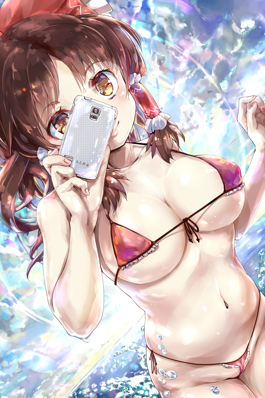 absurdres bare_arms bare_shoulders bikini bow breasts brown_eyes cellphone cleavage closed_mouth collarbone day dutch_angle fingernails front-tie_bikini front-tie_top hair_bow hair_tubes hakurei_reimu halter_top halterneck highres kntrs_(knyrs) large_breasts lips long_hair micro_bikini nail_polish navel ocean outdoors phone red_bikini red_bow red_nails side-tie_bikini smile solo stomach swimsuit touhou underboob water