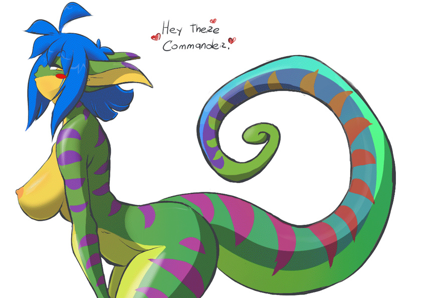 &lt;3 animated anthro areola big_breasts blush breasts chalo edit english_text epilepsy_warning female gecko geecku hair huge_breasts las_lindas lizard multicolored_body nipples nude reptile scalie solo stripes text