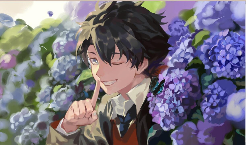;) agentj black_hair black_neckwear blue_eyes bug butterfly fate/grand_order fate_(series) finger_to_mouth flower fujimaru_ritsuka_(male) grin hydrangea index_finger_raised insect male_focus necktie one_eye_closed shushing smile solo sweater