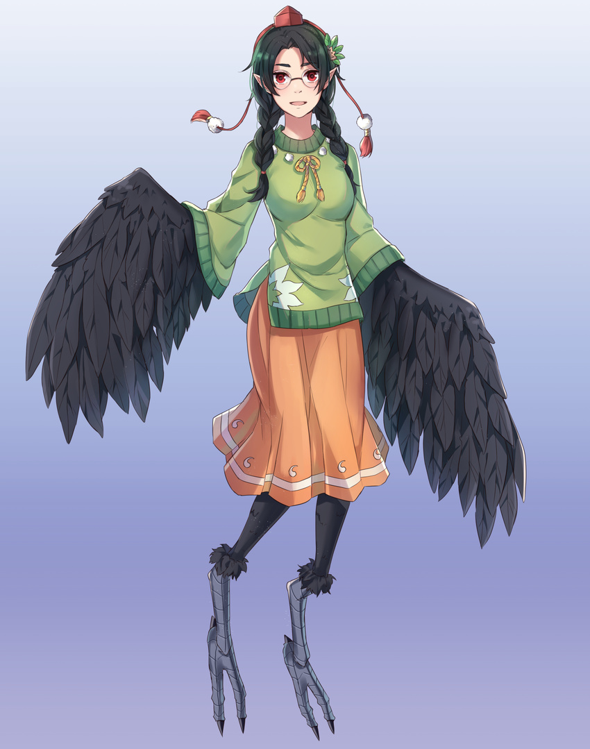 :d annabel-m black_hair blue_background blush braid claws commission crow_tengu feathered_wings feathers full_body gradient gradient_background green_sweater hair_ornament hairband harpy hat highres long_hair long_sleeves looking_at_viewer monster_girl monster_girl_encyclopedia open_mouth orange_skirt pleated_skirt pointy_ears red_eyes skirt smile solo sweater tassel tokin_hat twin_braids wings