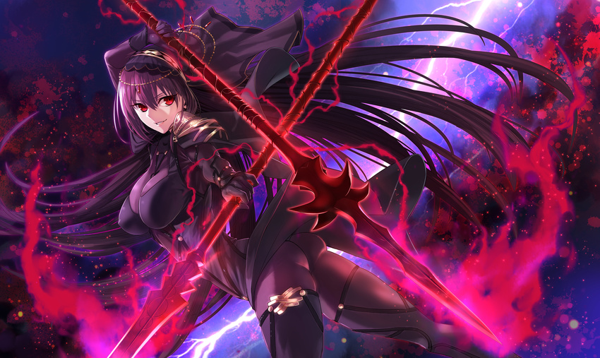 absurdres ass bodysuit breasts covered_nipples dual_persona electricity fate/grand_order fate_(series) gae_bolg highres hinomoto_madoka holding holding_weapon large_breasts long_hair pauldrons purple_hair red_eyes scathach_(fate)_(all) scathach_(fate/grand_order) smile solo veil weapon