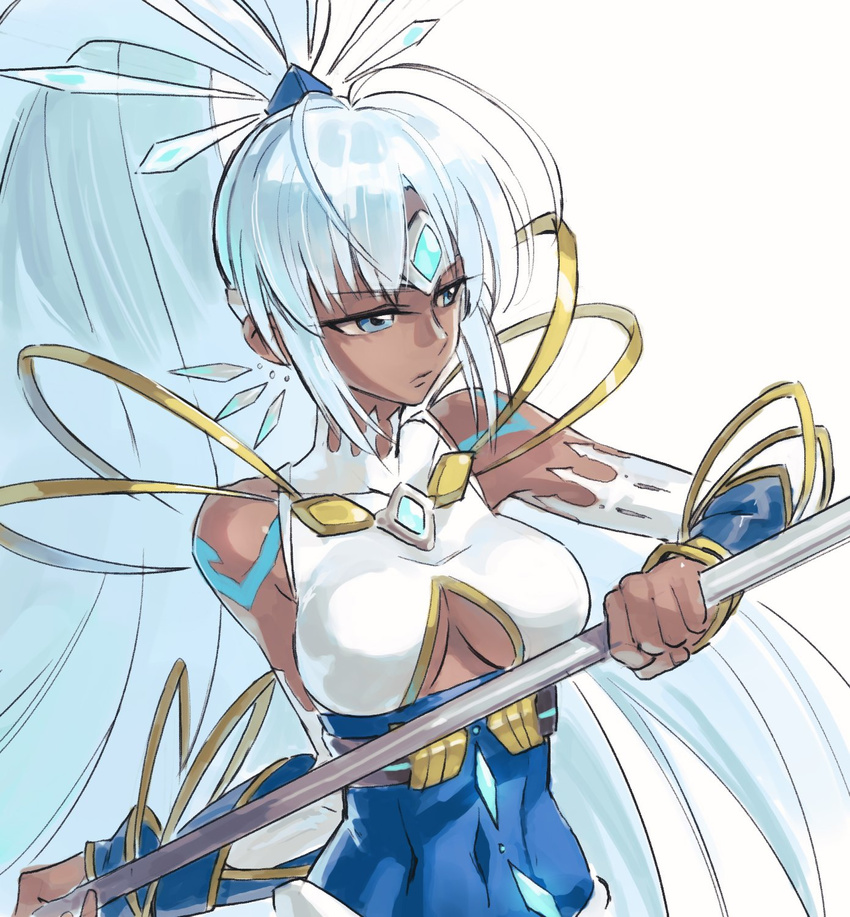 blue_eyes dark_skin highres jewelry long_hair polearm ponytail simple_background solo spear tokiha_(xenoblade) tugo weapon white_background white_hair xenoblade_(series) xenoblade_2