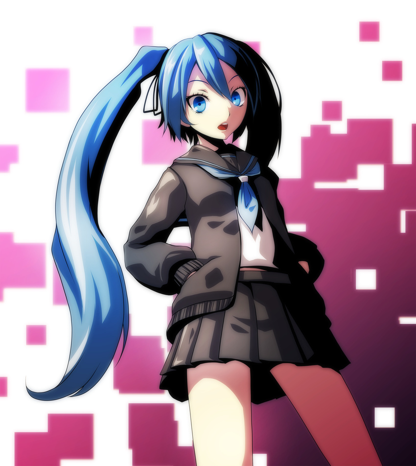 absurdres bad_id bad_pixiv_id blue_eyes blue_hair cowboy_shot from_below hair_between_eyes hands_in_pockets hatsune_miku highres jacket long_hair midriff open_mouth project_diva_(series) project_diva_extend rolling_girl_(vocaloid) school_uniform serafuku solo tsukishiro_saika twintails vocaloid white_background