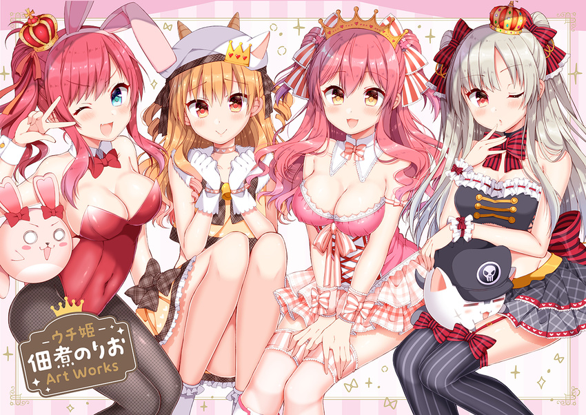 3girls :&gt; :3 :d ;d ;o =_= animal animal_ears animal_hat animal_on_lap aqua_eyes arm_ribbon artist_name bangs bare_arms bare_shoulders bell black_hat black_legwear black_skirt blush blush_stickers bow bowtie breasts brown_bow brown_eyes brown_hair brown_neckwear brown_ribbon bunny_ears bunnysuit choker cleavage closed_mouth collarbone commentary_request copyright_name covered_navel creature cross cross-laced_clothes crown detached_collar dress drill_hair eyebrows_visible_through_hair facial_scar fake_animal_ears fang fishnet_pantyhose fishnets frame frilled_dress frills fur_collar garter_straps gloves hair_between_eyes hair_ribbon hairband hand_up hands_up hat heart heart_print horned_headwear justy_lady knees_up large_breasts layered_dress layered_skirt leotard long_hair looking_at_viewer medium_breasts milky_flavor mini_crown miss_shadow multiple_girls o_o one_eye_closed open_mouth orange_ribbon otoko_no_ko pantyhose parted_bangs pink_choker pink_dress pink_hair pink_headband pink_ribbon pinstripe_legwear plaid plaid_bow plaid_skirt ponytail red_bow red_eyes red_hair red_leotard red_neckwear ribbon robin_doubt scar scar_on_cheek shiny shiny_clothes shiny_hair short_dress sidelocks silver_hair skirt sleeveless sleeveless_dress smile sparkle strapless strapless_dress striped striped_legwear striped_neckwear striped_ribbon swept_bangs thigh_strap tiara tsukudani_norio twin_drills two_side_up uchi_no_hime-sama_ga_ichiban_kawaii v-shaped_eyebrows vertical-striped_legwear vertical_stripes w w_over_eye wavy_hair white_bow white_gloves white_hat white_legwear wing_collar wrist_cuffs