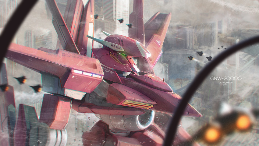 airplane ambiguous_gender arche_gundam blurry blurry_foreground building city day depth_of_field fighter_jet glowing glowing_eyes gundam gundam_00 guweiz highres jet mecha military military_vehicle motion_blur outdoors robot skyscraper solo standing