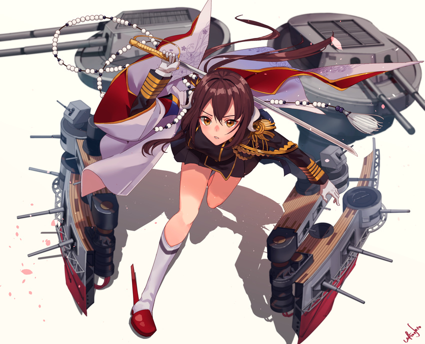 aiguillette armband azur_lane bangs beads bent_over black_jacket black_skirt blurry breasts brown_hair cherry_blossoms depth_of_field epaulettes floral_print gloves hair_between_eyes hair_intakes highres holding holding_sword holding_weapon horns jacket katana kneehighs leaning leaning_forward leg_up legs_apart long_hair long_sleeves low_ponytail machinery medium_breasts mikasa_(azur_lane) military military_uniform miniskirt orange_eyes over_shoulder petals pleated_skirt red_footwear running shadow shiny shiny_hair shoes sidelocks signature skirt solo straight_hair sword tsurime turret ukimesato uniform weapon weapon_over_shoulder white_gloves white_legwear