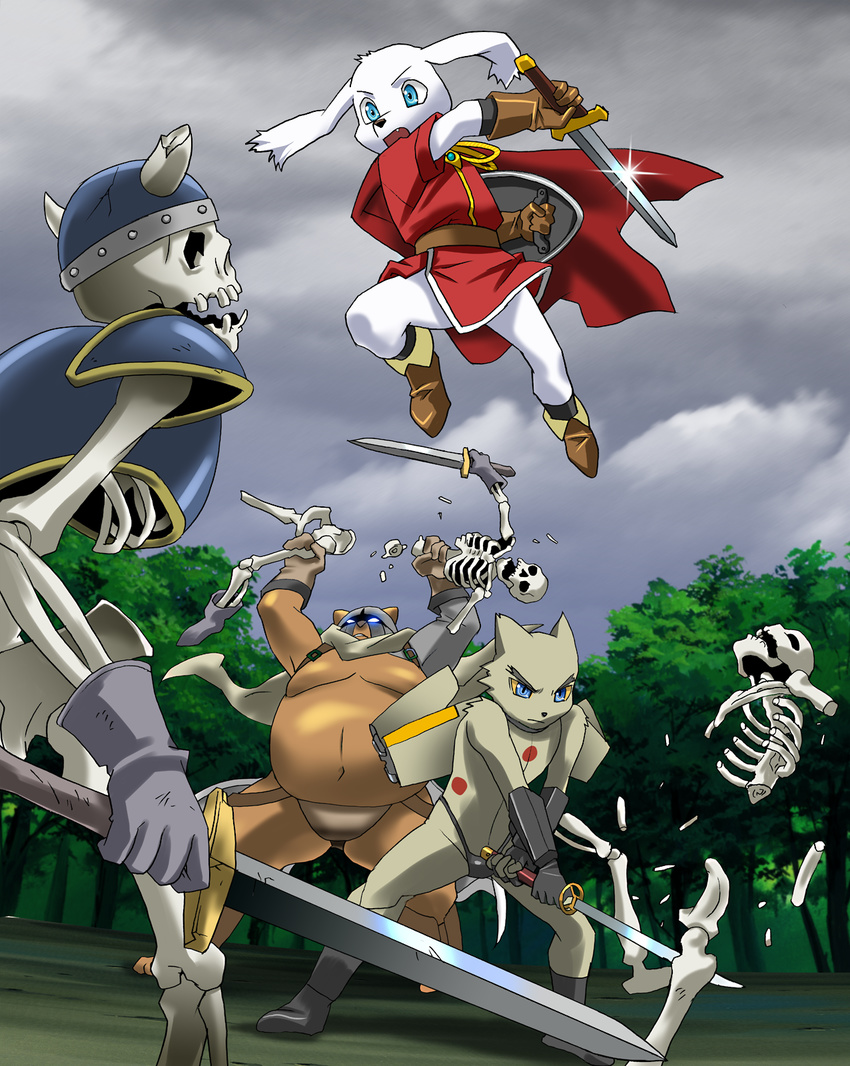animated_skeleton anthro armor battle belly bone canine cat clothed clothing dog feline fight group holding_object holding_weapon male mammal melee_weapon overweight q_taro skeleton skimpy sword unconvincing_armor undead weapon