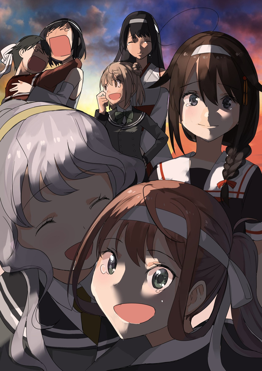 &gt;o&lt; asagumo_(kantai_collection) bare_shoulders black_hair black_serafuku blue_eyes braid brown_eyes brown_hair commentary_request crying detached_sleeves double_bun fusou_(kantai_collection) green_hair hachimaki hair_flaps hair_ornament hair_over_shoulder hairband hand_on_hip headband highres hug kantai_collection long_hair looking_at_viewer masukuza_j michishio_(kantai_collection) mogami_(kantai_collection) multiple_girls neck_ribbon nontraditional_miko open_mouth red_hair remodel_(kantai_collection) ribbon school_uniform serafuku shigure_(kantai_collection) short_hair short_twintails silver_eyes silver_hair single_braid sunset tearing_up twintails wavy_hair wide_sleeves yamagumo_(kantai_collection) yamashiro_(kantai_collection)