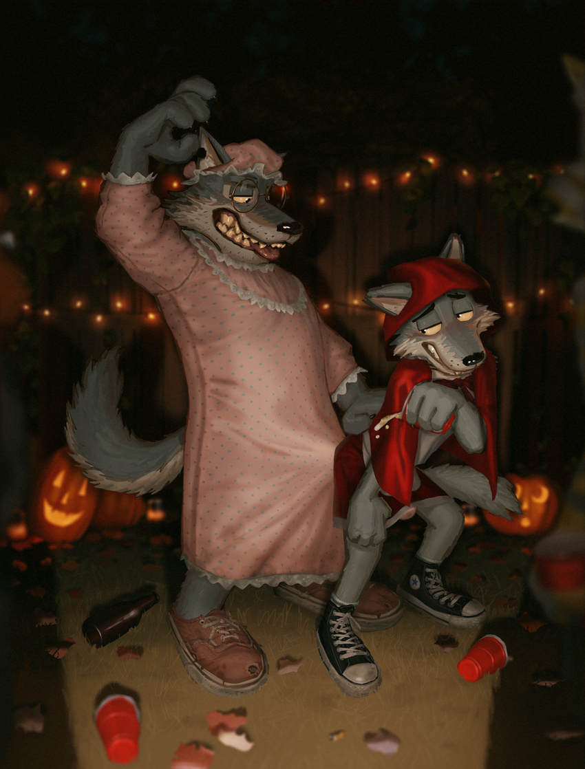 anthro bulge canine clothed clothing cosplay crossdressing duo eddie_(orf) erection erection_under_clothes eyewear father father_and_son glasses halloween holidays incest little_red_riding_hood_(copyright) male male/male mammal orf parent sam_(orf) son wolf