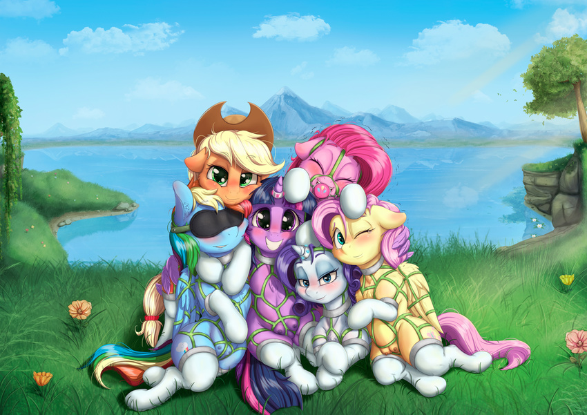 2017 absurd_res alcor90 applejack_(mlp) blindfold blonde_hair blue_eyes blush clothing cock_gag cowboy_hat cutie_mark detailed_background earth_pony equine eyes_closed feathered_wings feathers female flower fluttershy_(mlp) friendship_is_magic gag grass green_eyes grin group hair hat hi_res horn horse legwear looking_at_viewer mammal mountain multicolored_hair my_little_pony one_eye_closed outside pegasus pink_hair pinkie_pie_(mlp) plant pony presenting_teats purple_eyes rainbow_dash_(mlp) rainbow_hair rarity_(mlp) sex_toy smile tears teats tree twilight_sparkle_(mlp) unicorn wing_hug winged_unicorn wings