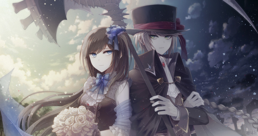 1girl angel31424 back-to-back blue_eyes bouquet braid brown_hair cape cloud crossed_arms flower gloves grey_hair hair_ribbon hat highres light_smile long_hair looking_at_another neck_ribbon neckerchief original ribbon scythe side_ponytail silver_hair sky slit_pupils top_hat weapon white_hair yellow_eyes