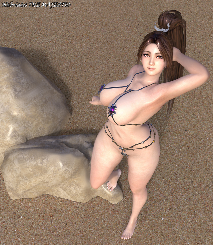 3d bikini breasts fatal_fury from_above ponytail shiranui_mai smile swimsuit the_majestic