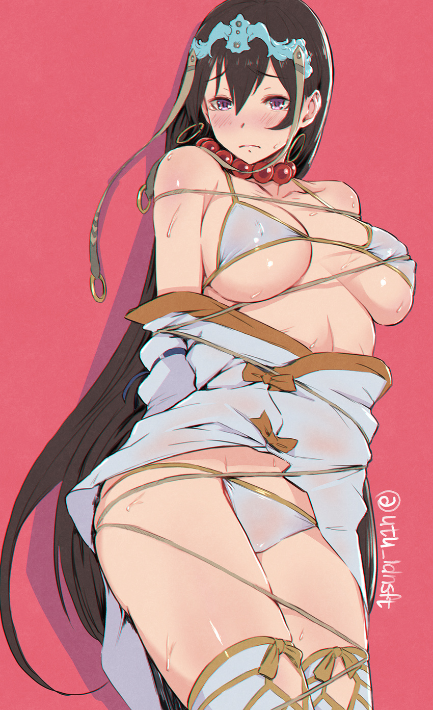 arms_behind_back bare_shoulders bdsm beads bikini black_hair blush bondage bound bound_arms bow breasts brown_bow closed_mouth collarbone cowboy_shot earrings embarrassed eyebrows_visible_through_hair fate/grand_order fate_(series) frown hair_between_eyes headpiece highres hoop_earrings jewelry large_breasts long_hair looking_at_viewer lying nose_blush off_shoulder on_back open_clothes prayer_beads purple_eyes red_background solo straight_hair sweat swimsuit tearing_up tears thighhighs thighs twitter_username underboob utu_(ldnsft) very_long_hair white_bikini white_legwear xuanzang_(fate/grand_order)