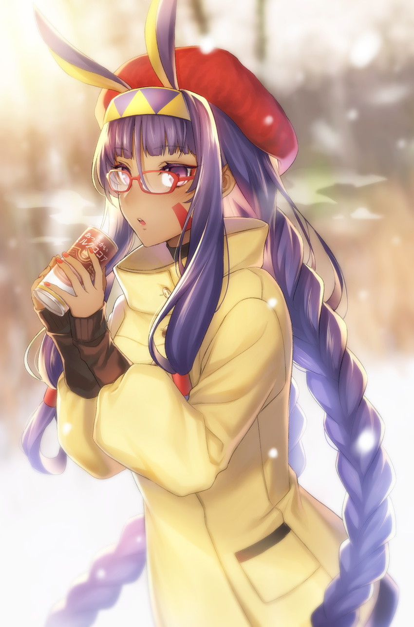 :o alternate_hairstyle amakura_(am_as) animal_ears bangs beret bespectacled blunt_bangs blurry blurry_background braid breath bunny_ears can casual coat commentary_request dark_skin downscaled_revision eyebrows_visible_through_hair eyeshadow facepaint fate/grand_order fate_(series) glasses hair_tubes hairband hat highres holding long_hair long_sleeves makeup md5_mismatch nail_polish nitocris_(fate/grand_order) open_mouth purple_eyes purple_hair red-framed_eyewear red_hat red_nails sidelocks sleeves_past_wrists snowing soda_can solo tsurime twin_braids two-tone_hairband upper_body very_long_hair winter winter_clothes winter_coat yellow_coat