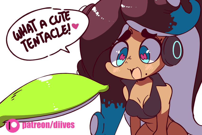 &gt;_&lt; 1girl animated animated_gif artist_name bare_shoulders black_shirt blue_eyes blush bottomless breasts crop_top cum dark_skin diives english eyes_closed facial female half-closed_eyes headphones iida_(splatoon) logo long_hair looking_down medium_breasts mole multicolored_eyes multicolored_hair open_mouth patreon patreon_username pink_eyes sexually_suggestive shirt simple_background sleeveless sleeveless_shirt smile solo speech_bubble splatoon splatoon_2 suggestive_fluid talking tentacle tentacle_hair text watermark web_address white_background