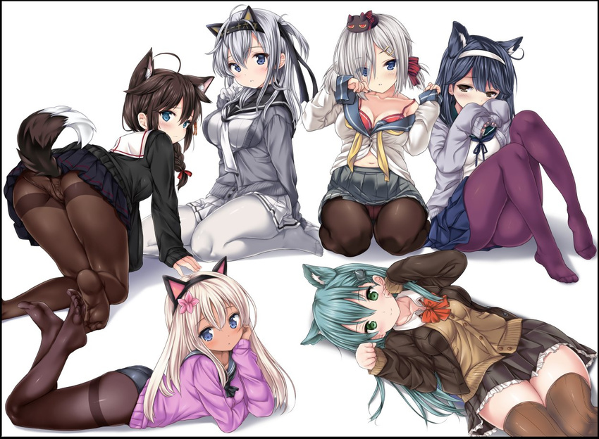 ahoge all_fours alternate_legwear animal animal_ears animal_on_head aqua_hair arm_behind_back ass black_border black_cat black_hairband black_legwear black_panties black_serafuku black_shirt black_skirt blonde_hair blue_eyes blue_hair blue_skirt blush border bow bowtie bra braid breasts brown_eyes brown_hair brown_skirt buttons cat cat_ears cat_on_head cleavage closed_mouth collared_shirt covering_mouth dark_skin embarrassed eyebrows_visible_through_hair fake_animal_ears feet fox_ears fox_tail frilled_skirt frills full_body gloves green_eyes grey_jacket grey_skirt hair_between_eyes hair_ornament hair_over_one_eye hair_over_shoulder hair_ribbon hairband hairclip hamakaze_(kantai_collection) hand_on_own_cheek hands_up hat jacket kantai_collection kemonomimi_mode knees_up legs_up long_hair long_sleeves looking_at_viewer looking_back lying medium_breasts miniskirt multiple_girls navel neckerchief nijimoto_hirok no_shoes on_back on_head one_side_up open_clothes open_jacket open_shirt panties panties_under_pantyhose pantyhose pantyshot pantyshot_(sitting) party_hat paw_pose pink_panties pink_sweater pleated_skirt purple_legwear red_bow red_bra red_neckwear red_ribbon remodel_(kantai_collection) ribbon ro-500_(kantai_collection) school_uniform seiza serafuku shigure_(kantai_collection) shirt simple_background single_braid sitting skirt sleeves_past_wrists smile soles suzutsuki_(kantai_collection) suzuya_(kantai_collection) sweater swimsuit swimsuit_under_clothes tail thighband_pantyhose thighhighs thighs underwear ushio_(kantai_collection) very_long_hair wariza white_background white_gloves white_hairband white_legwear white_neckwear white_shirt white_skirt wing_collar yellow_neckwear zettai_ryouiki