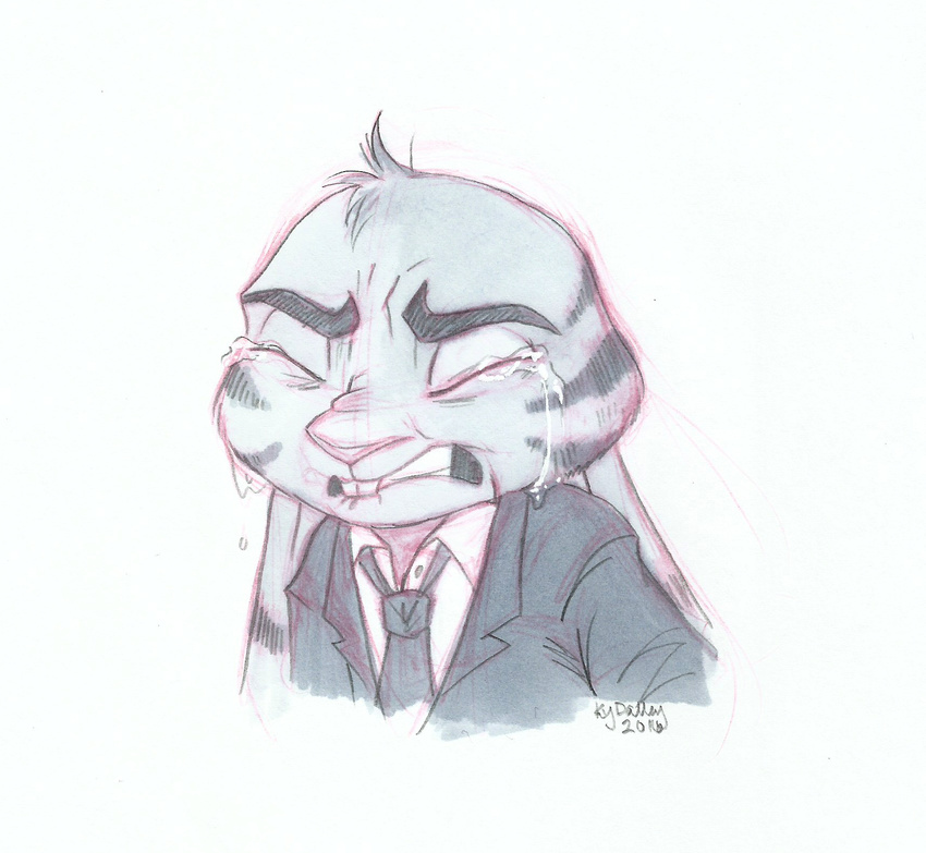 2016 anthro colored_sketch crying disney ears_down fur grey_fur head_tuft hi_res jack_savage ky-jane lagomorph male mammal necktie rabbit signature simple_background solo tears traditional_media_(artwork) tuft white_background zootopia