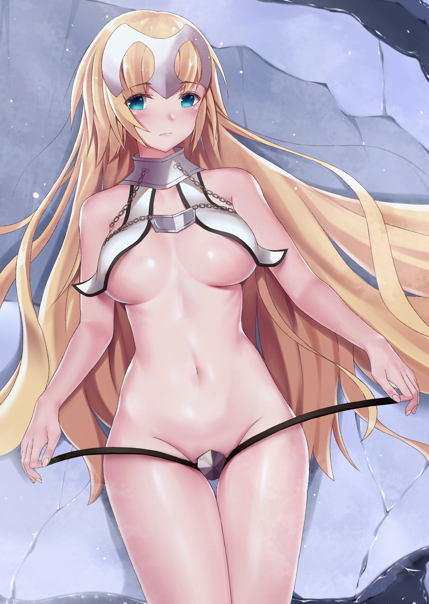 absurdres alternate_hairstyle bare_arms bare_shoulders blonde_hair blue_eyes blush breasts breasts_apart chain closed_mouth collar cowboy_shot crotch_plate dankesang eyebrows_visible_through_hair fate/apocrypha fate_(series) from_above frown groin hair_down headpiece highres jeanne_d'arc_(fate) jeanne_d'arc_(fate)_(all) large_breasts long_hair looking_at_viewer looking_up lying navel on_back on_ground rock shiny shiny_hair solo stomach tareme thigh_gap thighs untied very_long_hair water