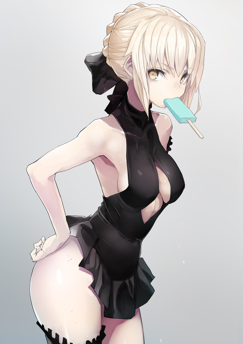 absurdres armpits artoria_pendragon_(all) artoria_pendragon_(swimsuit_rider_alter) bare_arms bare_shoulders black_bow black_dress black_swimsuit blonde_hair bow braid breasts brown_eyes cleavage covered_navel cowboy_shot dress eyebrows_visible_through_hair eyes_visible_through_hair fate/grand_order fate_(series) food food_in_mouth grey_background hair_between_eyes hair_bow hair_bun hand_on_hip hands_on_hips highres impossible_clothes looking_at_viewer medium_breasts mouth_hold one-piece_swimsuit pale_skin popsicle simple_background solo standing swimsuit taishi_(picchiridou) thigh_strap thighhighs yellow_eyes