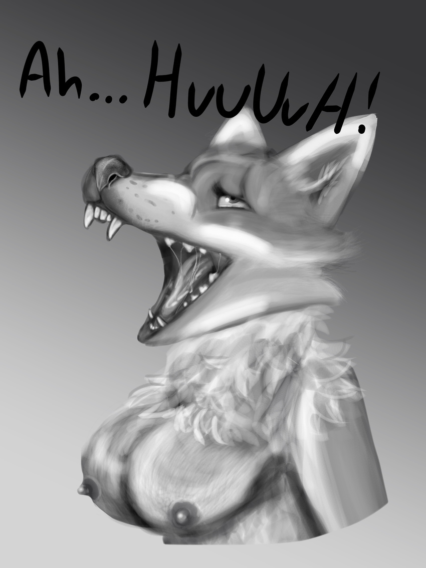 black_and_white breasts canine detailed female fox fur hi_res laugh mammal monochrome mouth_shot open_mouth pplover saliva sneeze sneezing solo tears teeth text