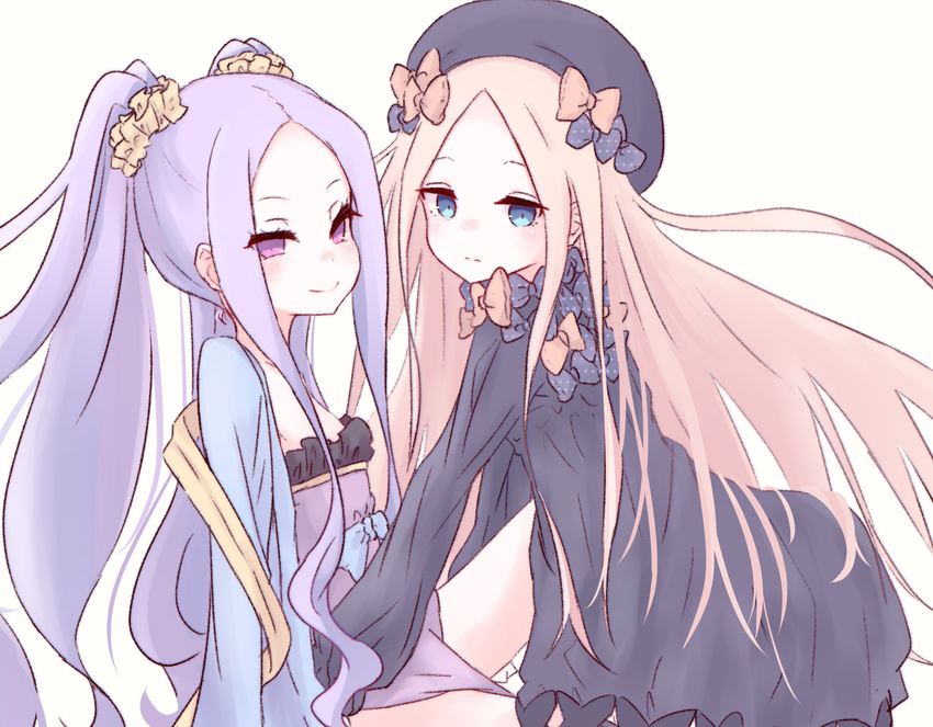 abigail_williams_(fate/grand_order) bangs black_bow black_dress black_hat blonde_hair blue_bow blue_eyes blush bow bug butterfly chinese_clothes closed_mouth collarbone commentary_request dress fate/grand_order fate_(series) frills hair_ornament hair_scrunchie hanfu hat highres insect long_hair long_sleeves looking_at_viewer multiple_girls orange_bow parted_bangs pelvic_curtain pink_eyes polka_dot polka_dot_bow purple_hair ruten_(onakasukusuku) scrunchie shawl sidelocks sitting sleeves_past_wrists smile tsurime twintails very_long_hair wu_zetian_(fate/grand_order) yellow_scrunchie