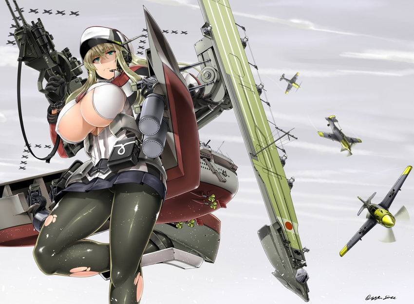 aircraft airplane areola_slip areolae artist_name bf_109 black_gloves black_legwear blonde_hair blush breasts capelet commentary_request cover cover_page covered_nipples doujin_cover flight_deck gloves graf_zeppelin_(kantai_collection) green_eyes gun hair_between_eyes hat headset kantai_collection large_breasts necktie pantyhose peaked_cap saizu_nitou_gunsou sidelocks torn_clothes torn_legwear translation_request twintails underboob underboob_cutout weapon