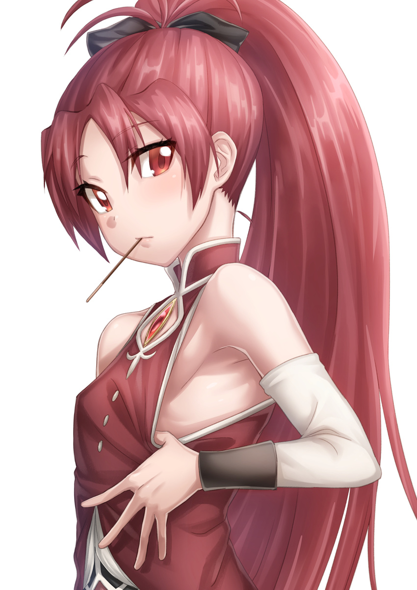 armpits bare_shoulders blush detached_sleeves eyebrows_visible_through_hair food gem highres long_hair looking_at_viewer magical_girl mahou_shoujo_madoka_magica mouth_hold no_bra pocky ponytail red_eyes red_hair sakura_kyouko sazanami_tarou shirt_pull simple_background solo soul_gem upper_body very_long_hair white_background