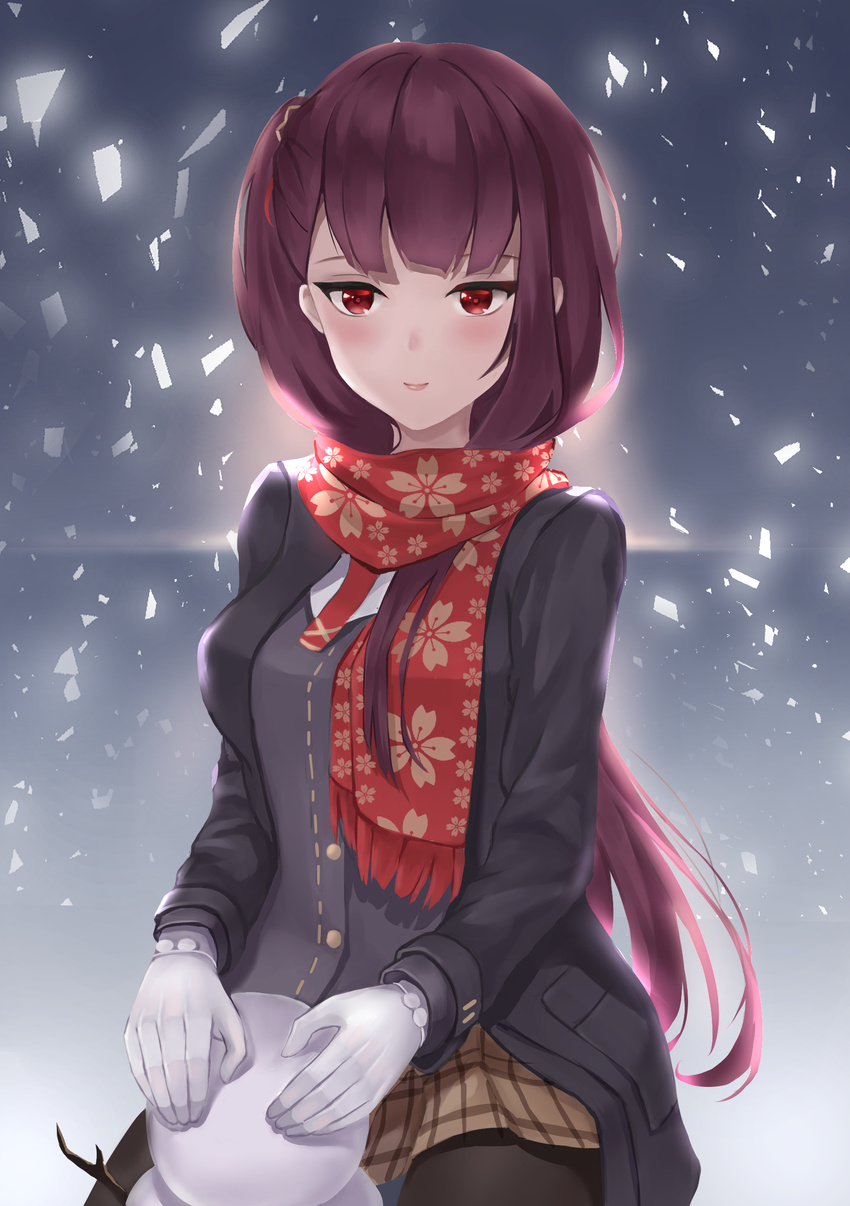 absurdres alternate_costume bangs black_legwear blush breasts commentary eyebrows_visible_through_hair girls_frontline gloves hair_ribbon highres jacket large_breasts long_hair looking_at_viewer misaki159123 necktie one_side_up open_clothes open_jacket open_mouth pantyhose purple_hair red_eyes ribbon scarf sidelocks smile snow snowing snowman solo squatting thighhighs very_long_hair wa2000_(girls_frontline) white_gloves winter_clothes