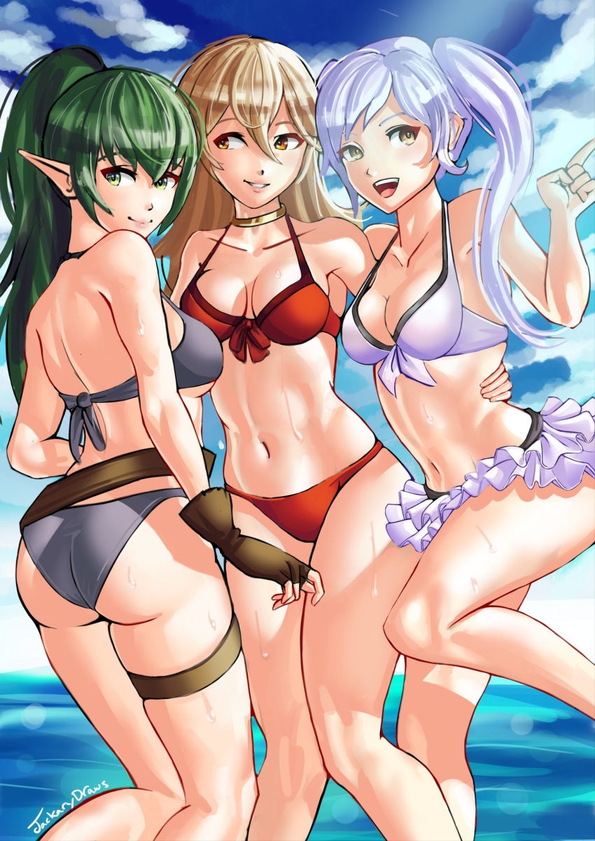 ass beach breasts cape catslikestodraw chiki cosplay costume_switch female_my_unit_(fire_emblem:_kakusei) female_my_unit_(fire_emblem_if) fire_emblem fire_emblem:_kakusei fire_emblem:_monshou_no_nazo fire_emblem_heroes fire_emblem_if gloves green_eyes green_hair highres mamkute my_unit_(fire_emblem:_kakusei) my_unit_(fire_emblem_if) navel nintendo o-ring o-ring_bikini pointy_ears ponytail robe tiara twintails white_hair