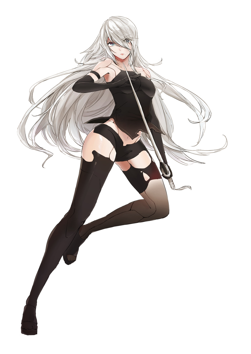 android blue_eyes elbow_gloves full_body gloves highres holding holding_weapon katana long_hair long_legs miyaomi mole mole_under_mouth nier_(series) nier_automata robot_joints silver_hair solo sword thighhighs transparent_background weapon yorha_type_a_no._2