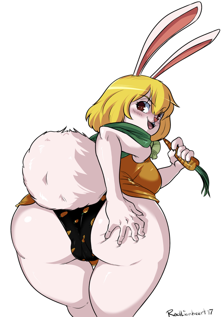 2017 alpha_channel anthro big_butt blonde_hair blush breasts brown_eyes butt butt_grab camel_toe cape carrot carrot_(one_piece) clothing food fur hair hand_on_butt huge_butt lagomorph looking_back mammal minkmen_(one_piece) one_piece open_mouth open_smile panties rabbit radlionheart smile underwear vegetable white_fur